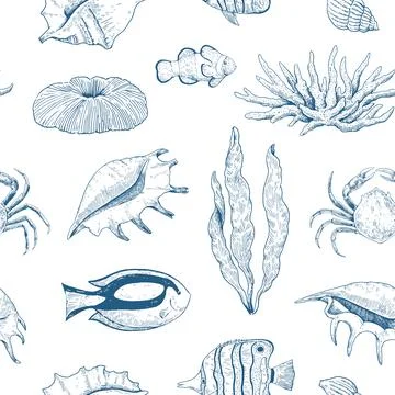 Elegant seamless pattern with corals, seaweeds and underwater creatures, se.. Illustrazione stock