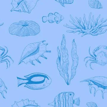 Elegant seamless pattern with corals, seaweeds and underwater creatures, se.. Illustrazione stock