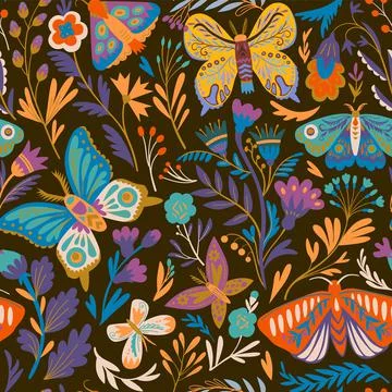 Elegant seamless pattern with decorative abstract flowers, butterflies and moths Stockillustratie