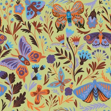 Elegant seamless pattern with decorative abstract flowers, butterflies and moths Stockillustratie