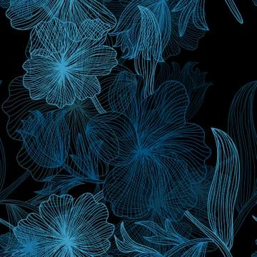 Elegant seamless pattern with decorative blue flowers, design element Stock Illustration