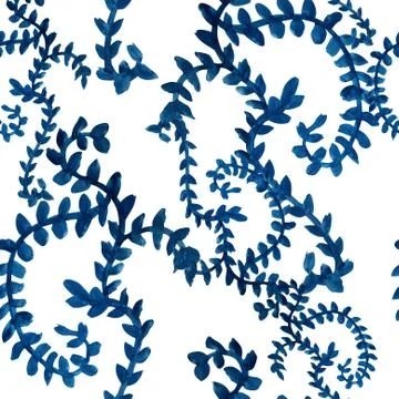 Elegant seamless pattern with decorative blue leaves, design element Stock Illustration