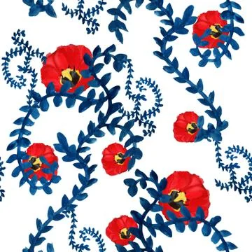 Elegant seamless pattern with decorative blue leaves and red tulips Stock Illustration
