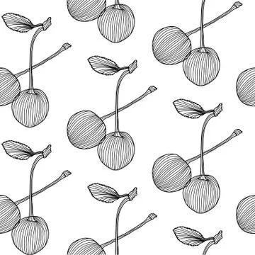 Elegant seamless pattern with decorative cherries, healthy food background Stock Illustration