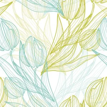 Elegant seamless pattern with decorative green and blue tulips, design element Stock Illustration