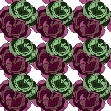 Elegant seamless pattern with decorative green and violet roses, design element Stock Illustration