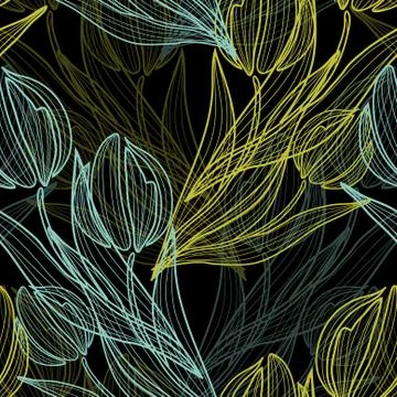 Elegant seamless pattern with decorative green and blue tulips, design element Illustrazione stock