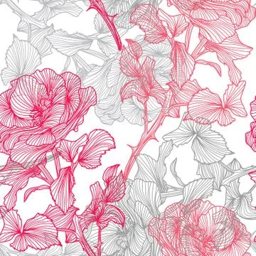 Elegant seamless pattern with decorative pink and gray roses, design element Stock Illustration