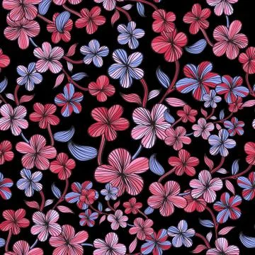 Elegant seamless pattern with decorative pink and blue flowers, design element Stock Illustration