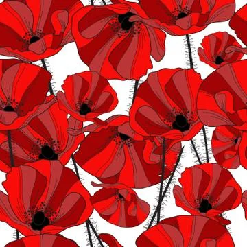 Elegant seamless pattern with decorative red poppy flowers, design element Stock Illustration