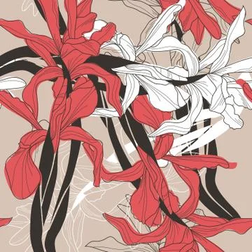 Elegant seamless pattern with decorative red white iris flowers, design element Stock Illustration