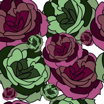 Elegant seamless pattern with decorative violet and green roses, design element Stock Illustration