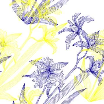 Elegant seamless pattern with decorative yellow and blue orchids, design element Stock Illustration