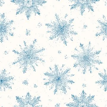 Elegant seamless pattern with delicate hand-drawn snowflakes in vintage toile Stock Illustration