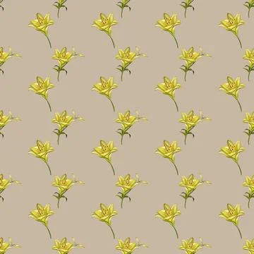Elegant seamless pattern design featuring beautiful yellow lilies on a neut.. Stock Illustration