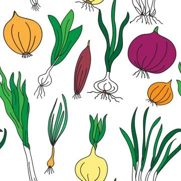 Elegant seamless pattern with different varieties of onion, design element Stock Illustration