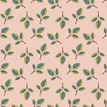 Elegant seamless pattern featuring delicate green leaves on a soft peach back Stock Illustration