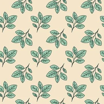 Elegant seamless pattern featuring delicate teal leaves on a soft beige backg Stockillustratie