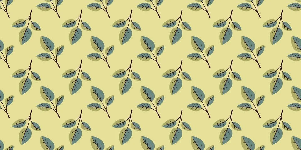Elegant seamless pattern featuring stylized teal leaves on a pale yellow ba.. Illustrazione stock