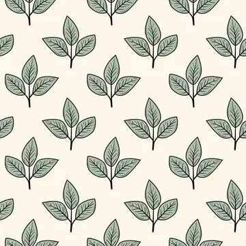 Elegant seamless pattern featuring stylized leaves in muted green tones on a  Stock Illustration