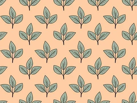 Elegant seamless pattern featuring stylized teal leaves on a peach backgrou.. Stock Illustration
