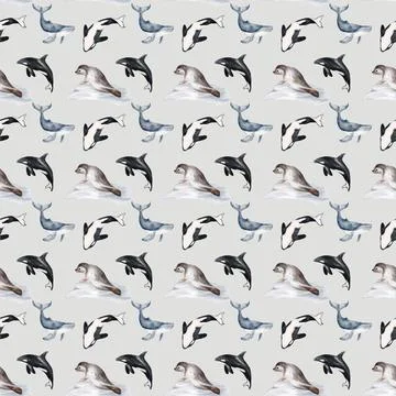 Elegant seamless pattern featuring whales and seals in a minimalist design Stock Illustration