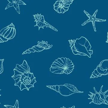 Elegant seamless pattern with marine seashells and starfish drawn in delica.. Illustrazione stock