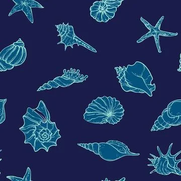 Elegant seamless pattern with marine seashells and starfish drawn in delica.. Stock Illustration