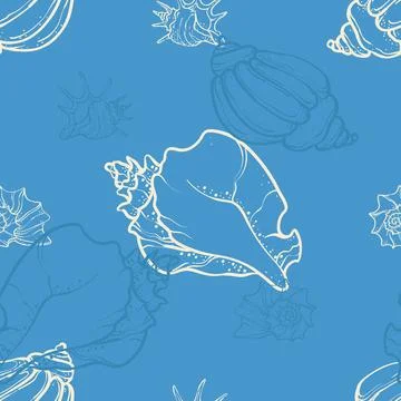 Elegant seamless pattern with marine seashells and starfish drawn in delica.. Illustrazione stock