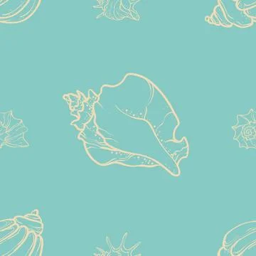 Elegant seamless pattern with marine seashells and starfish drawn in delica.. Stock Illustration