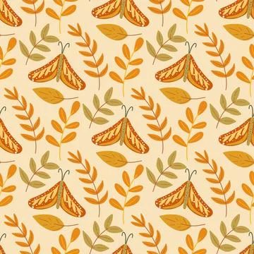 Elegant seamless pattern with moths and herbs Stock Illustration