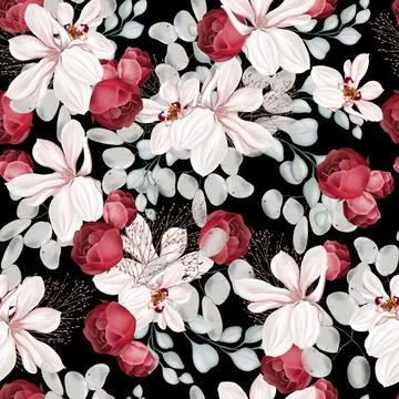 Elegant seamless pattern with peonies, roses and eucalyptus leaves. Illustrazione stock