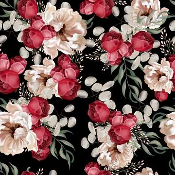 Elegant seamless pattern with peonies, roses and eucalyptus leaves. Illustrazione stock