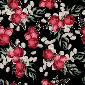 Elegant seamless pattern with peonies, roses and eucalyptus leaves. Stock-Illustration