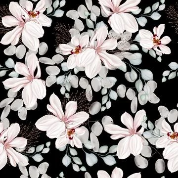 Elegant seamless pattern with peonies, roses and eucalyptus leaves. Stock Illustration