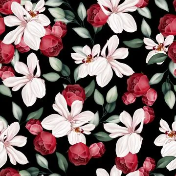 Elegant seamless pattern with peonies, roses and eucalyptus leaves. Stock Illustration