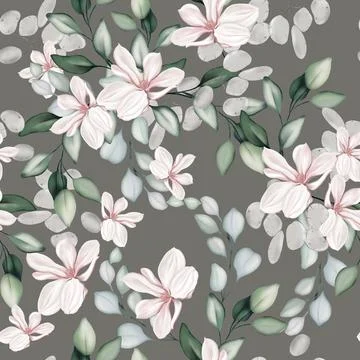 Elegant seamless pattern with peonies, roses and eucalyptus leaves. Illustrazione stock