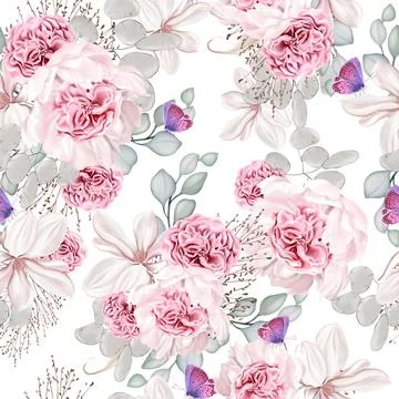 Elegant seamless pattern with peonies, roses and eucalyptus leaves. Stock Illustration