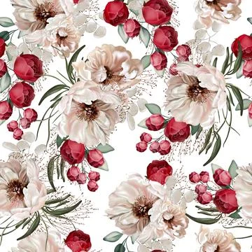 Elegant seamless pattern with peonies, roses and eucalyptus leaves. Stock Illustration