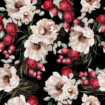 Elegant seamless pattern with peonies, roses and eucalyptus leaves. Stock Illustration