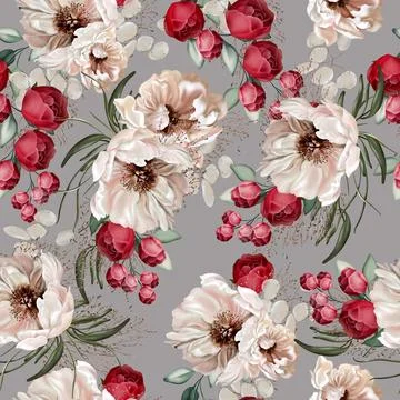 Elegant seamless pattern with peonies, roses and eucalyptus leaves. Stock Illustration