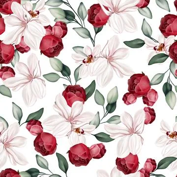 Elegant seamless pattern with peonies, roses and eucalyptus leaves. Stock Illustration