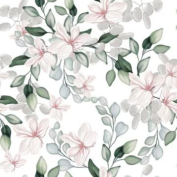 Elegant seamless pattern with peonies, roses and eucalyptus leaves. Stock Illustration