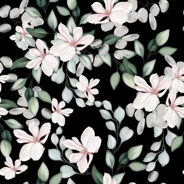 Elegant seamless pattern with peonies, roses and eucalyptus leaves. Stock Illustration