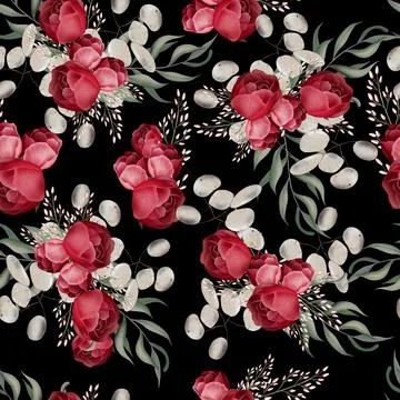 Elegant seamless pattern with peonies, roses and eucalyptus leaves. Stock Illustration