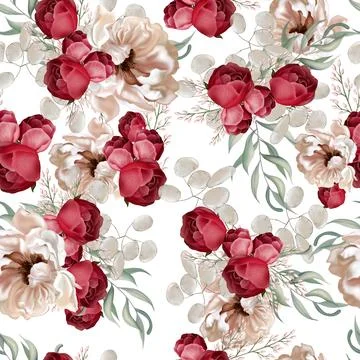 Elegant seamless pattern with peonies, roses and eucalyptus leaves. Stock Illustration