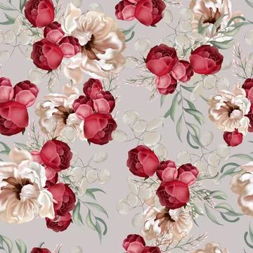 Elegant seamless pattern with peonies, roses and eucalyptus leaves. Stock Illustration
