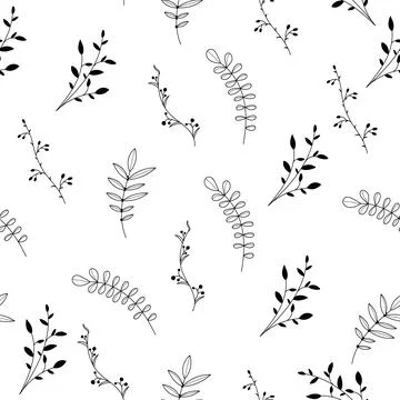 Elegant seamless pattern with plants and herbs. Leaves seamless pattern. Bo.. Stock Illustration