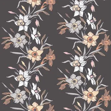 Elegant seamless pattern with realistic hand drawn flowers daffodils. Stock Illustration