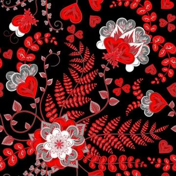 Elegant seamless pattern with red fantasy flowers and leaves  on  the dark Illustrazione stock